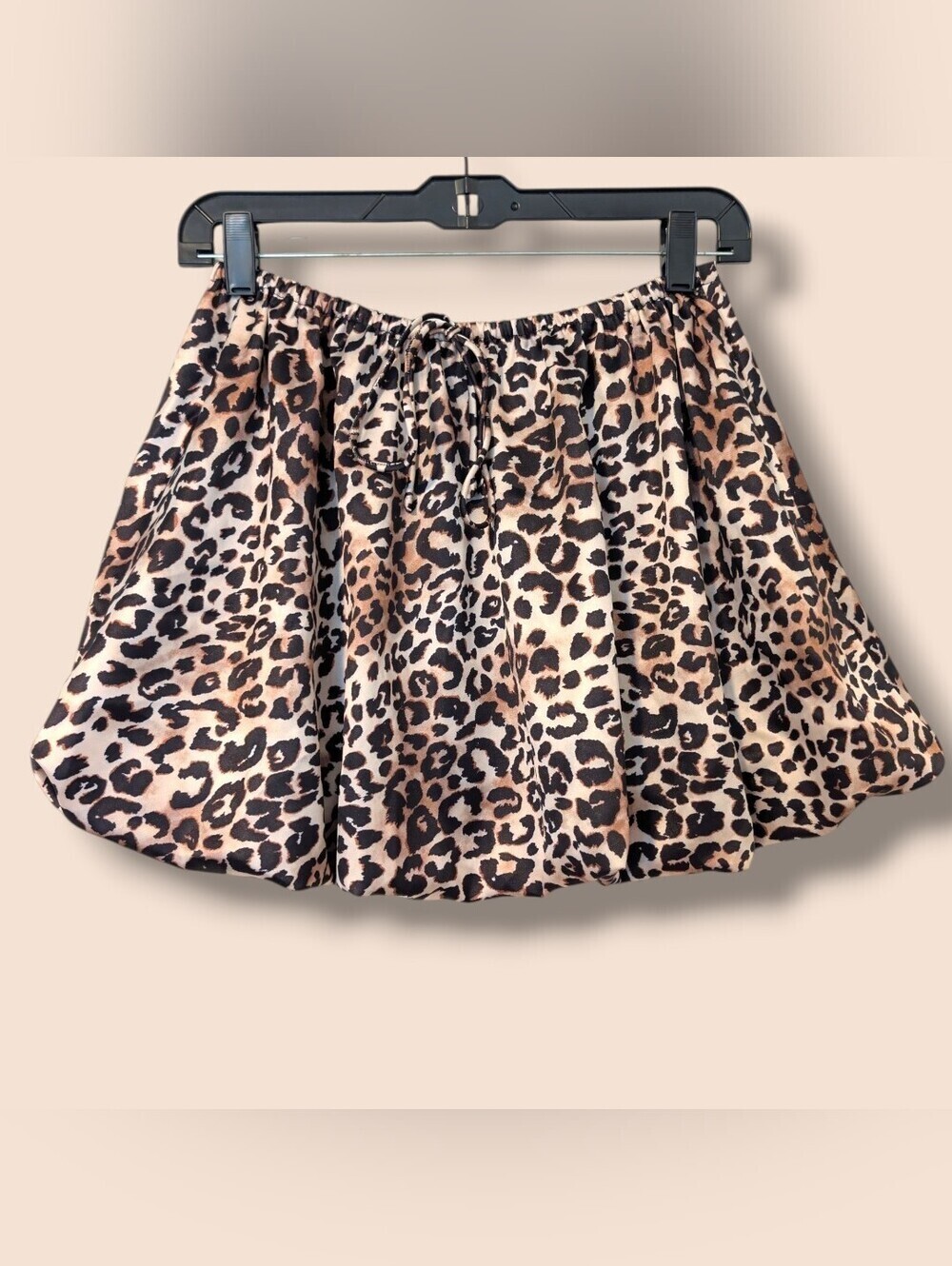 Lena Brown Black Leopard Satin Tie Front Flowy Bubble Mini Skirt SM